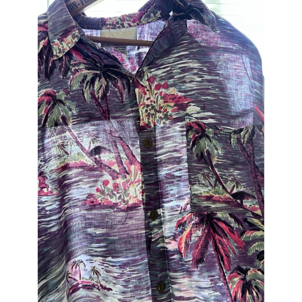 Vintage Kusnadi New York Rayon Hawaiian Shirt Purple Tropical Island Palm Tree L